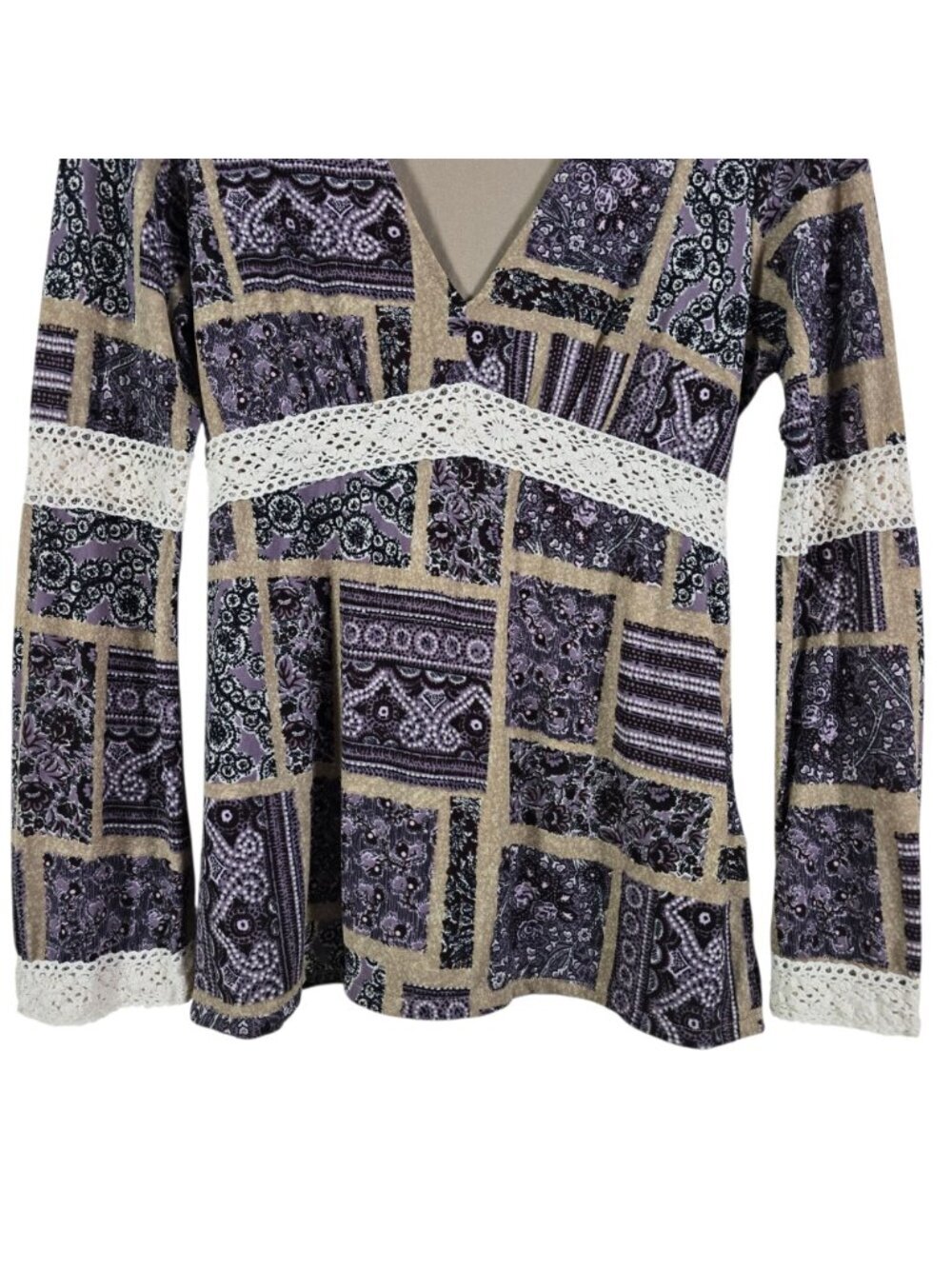 VTG INC Petite Womens Y2K Purple Tan Boho Cottage Crochet Trim Babydoll Top M - Picture 4 of 13